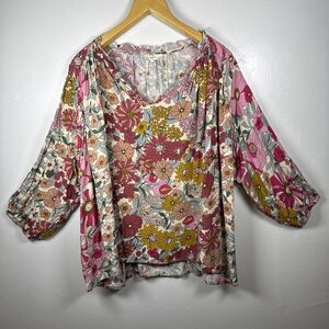 Entro Floral Print Puff Sleeve Top Women's SIze Large Bohemian Beachy